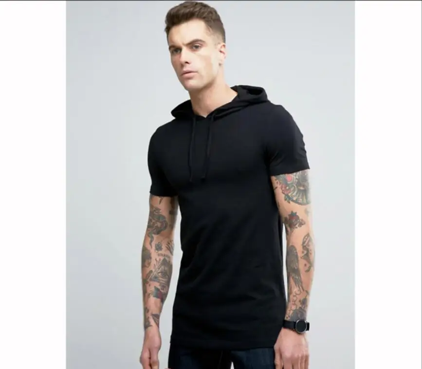 

M-5xl, летняя мужская футболка с капюшоном, чистый черный цвет, короткий рукав, Повседневная Толстовка с капюшоном, хлопок, 100% впитывающий пот, топы, костюмы