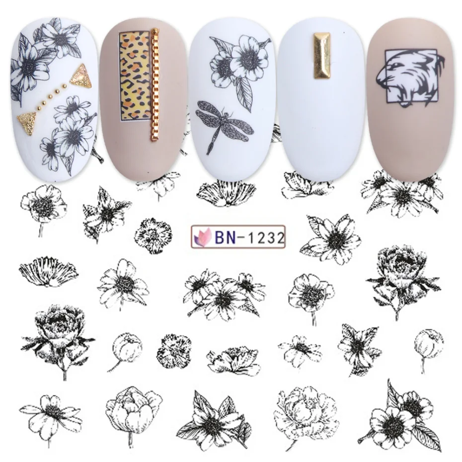 12 видов конструкций водные наклейки для ногтей набор букв цветок животные Маникюр переводная наклейка слайдер для ногтей художественные Обертывания Декор фольга LEBN1225-1236