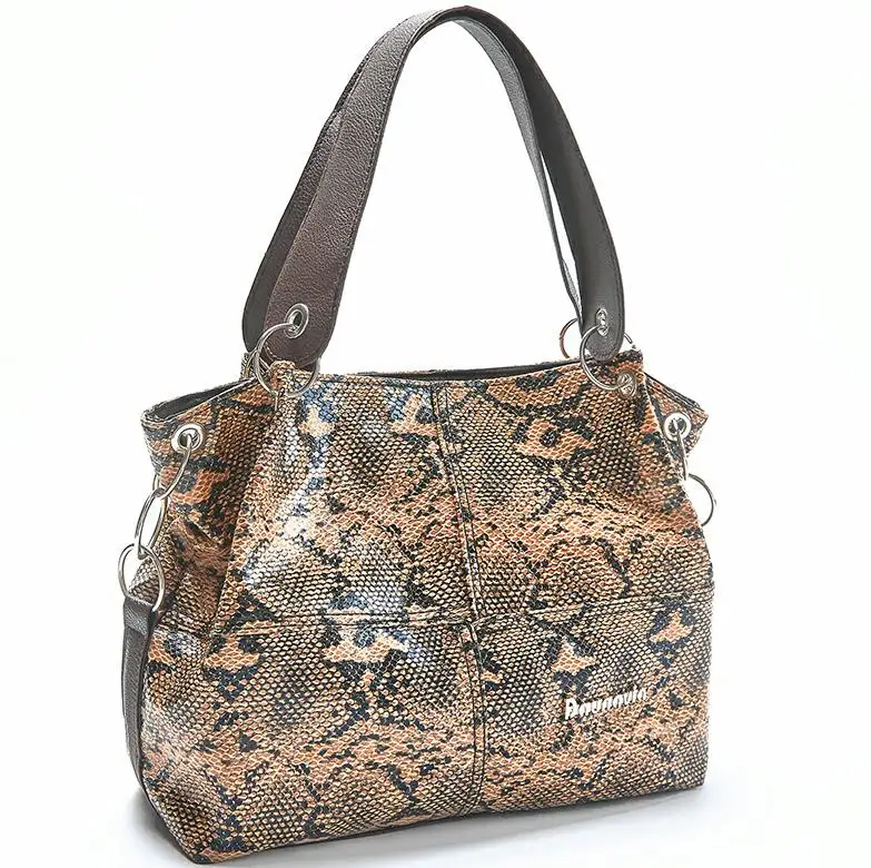 Kisstyle, женская сумка на плечо, Змеиный узор, из искусственной кожи, Большая вместительная сумка, модная женская дизайнерская сумка, кошельки, сумки - Цвет: Коричневый