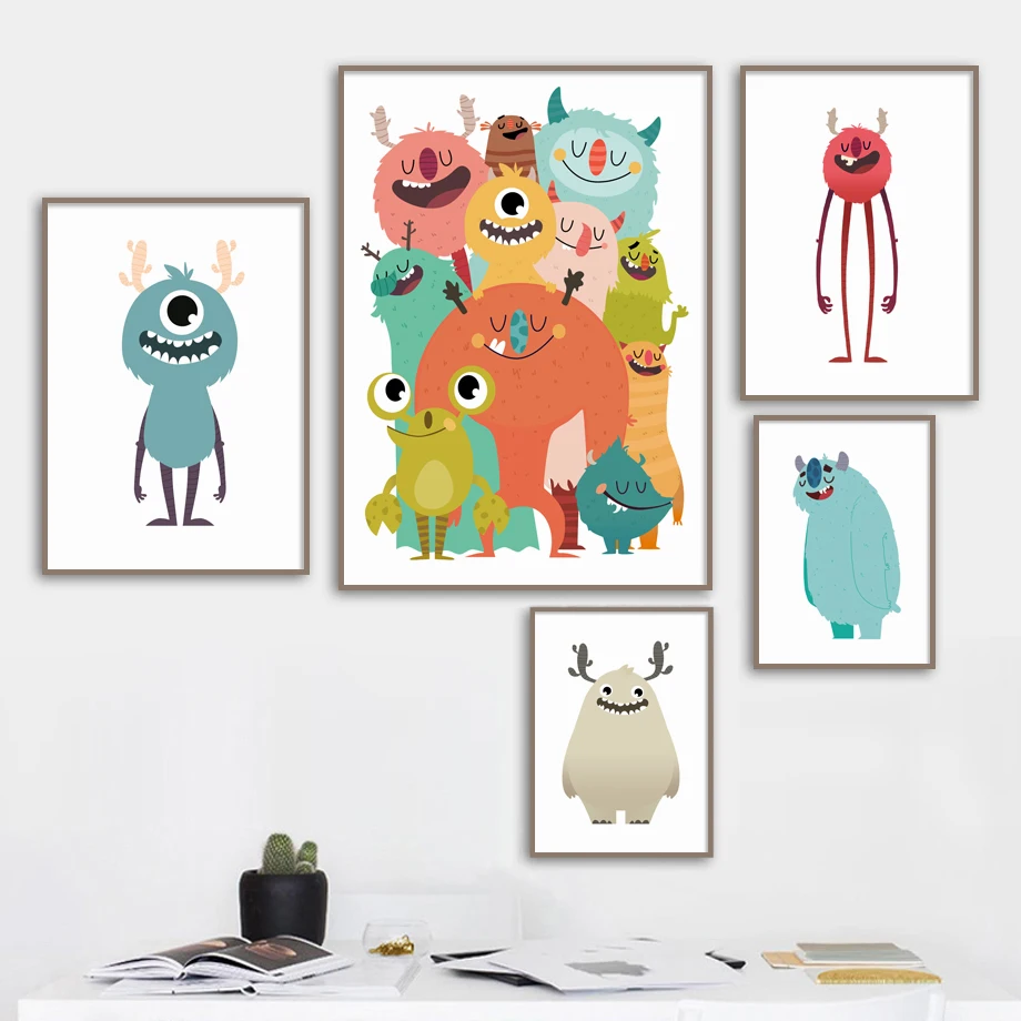 Cartoon Big Eye Monster Wall Art Canvas Painting Nordic Posters And