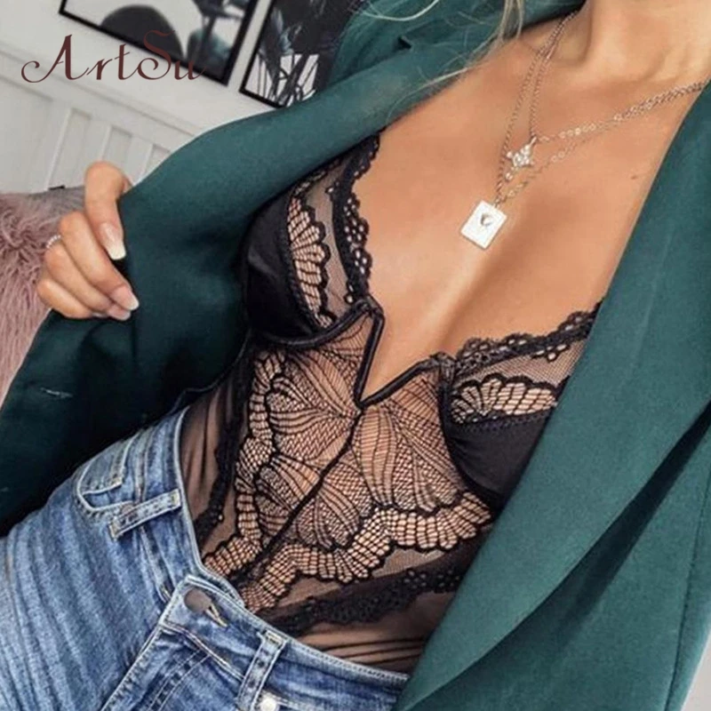 ArtSu Sexy Deep V Lace Floral Bodysuit Women Patchwork Transparent Bodycon Jumpsuit Romper Mujer Slim Body Catsuit ASJU60114 ArtSu Sexy Deep V Lace Floral Bodysuit Women Patchwork Transparent Bodycon Jumpsuit Romper Mujer Slim Body Catsuit ASJU60114