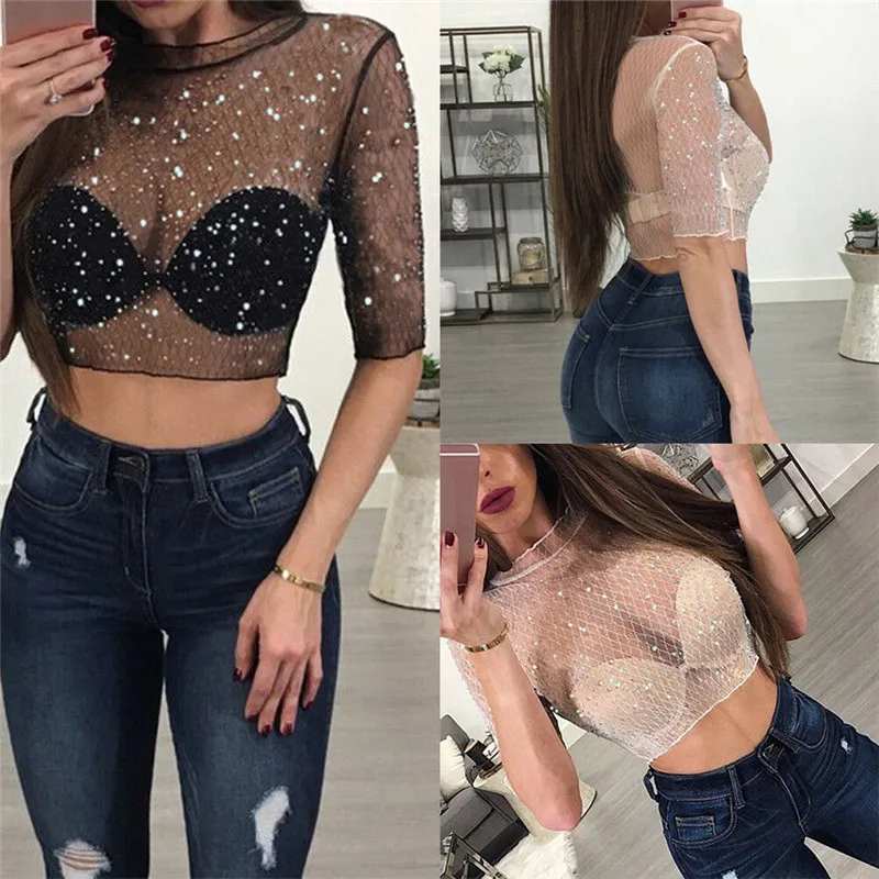 

Sexy Women Ladies Short Sleeve Sequined Mesh Sheer See Through T-Shirts Crop Tops Transparent Fishnet Bodycon T Shirt