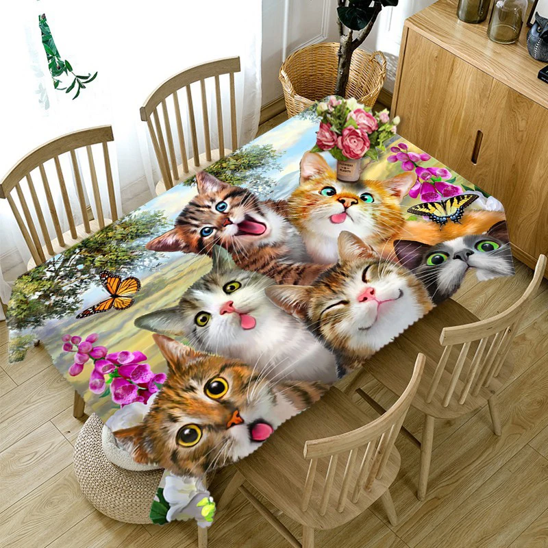 

3d Small Cat Tablecloth Sika Deer Pattern Dustproof Washable Thicken Cotton Cloth Rectangular and Round Table Cloth