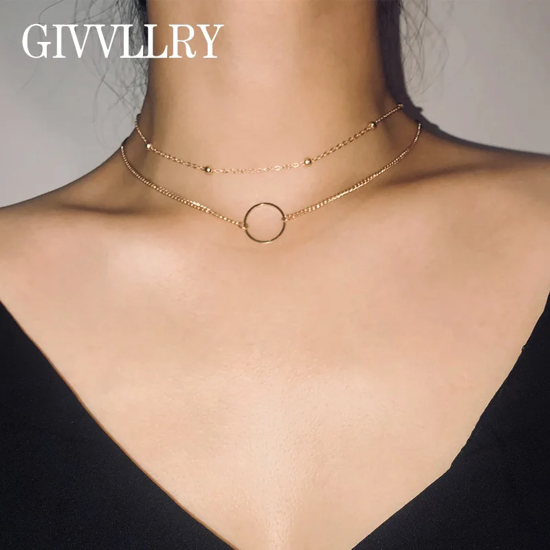 

GIVVLLRY Minimalist Circle Round Choker Necklace for Women Elegant Gold Color 2 Layered Handmade Bead Chain Collar Necklace
