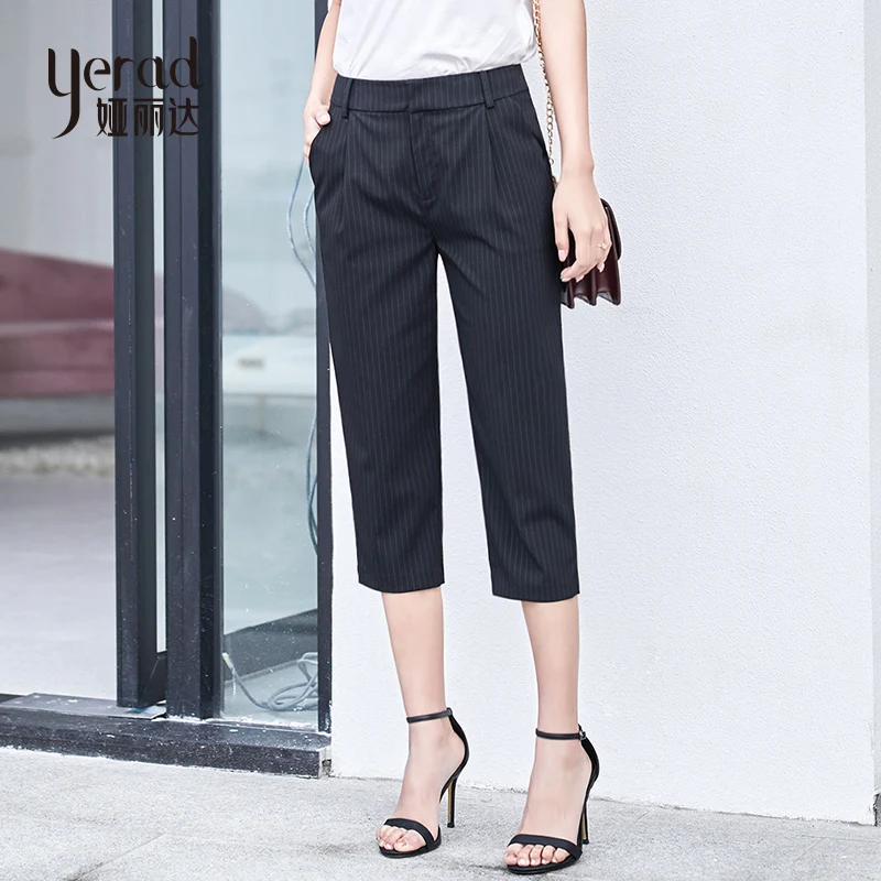

YERAD Women Summer Stripe Suit Pants Calf Length Harem Pants Casual Loose Black Pants Office Lady Work Trousers