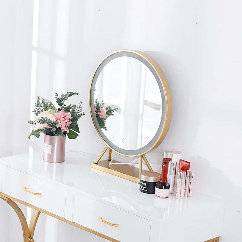 

1PC Nordic Makeup Desktop Lamp Mirror Gold Round Vanity Mirror Bedroom Led Lamp Decorative Mirror G0424