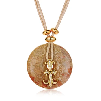 

Round Coral Fossils Natural Stone Pendant Necklace Adjustable Leather Chain Necklace Pave Zircon Long Charm Necklace For Women