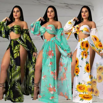 

2019 New Sexy Floral Holiday Swimming Suit Women Bandage Strapless Bikinis Set High Waist Padded Swimsuit Beach Skirts Brazilian