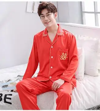 Новые роскошные с длинными рукавами мужской шелковый пижамный комплект вышитые красный двойное счастье мужские свадебные пижамы Домашняя