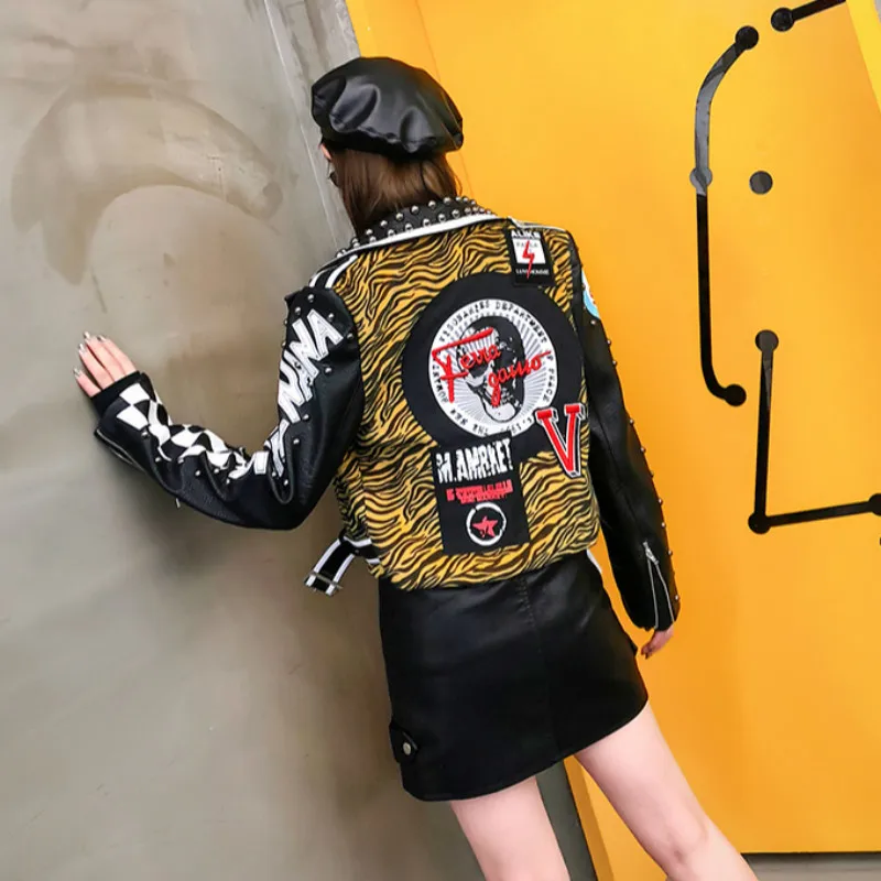 BONJEAN Casual Autumn Outerwear 2018 Rivet Decoration Black Jacket for Women Leopard Pattern PU Leather Jackets & Coats BJ183 BONJEAN Casual Autumn Outerwear 2018 Rivet Decoration Black Jacket for Women Leopard Pattern PU Leather Jackets & Coats BJ183
