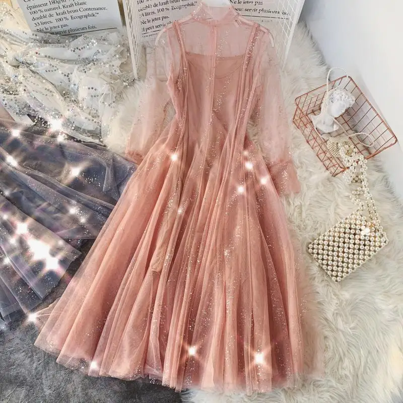 

2019 new fashion women's dress elegant sequins mesh large pendulum two piece long dress women