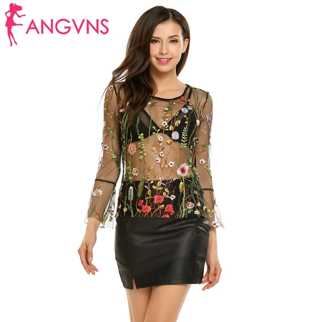 Angvns black flower embroidery blouse shirt women tops blouse chemise Angvns black flower embroidery blouse shirt women tops blouse chemise