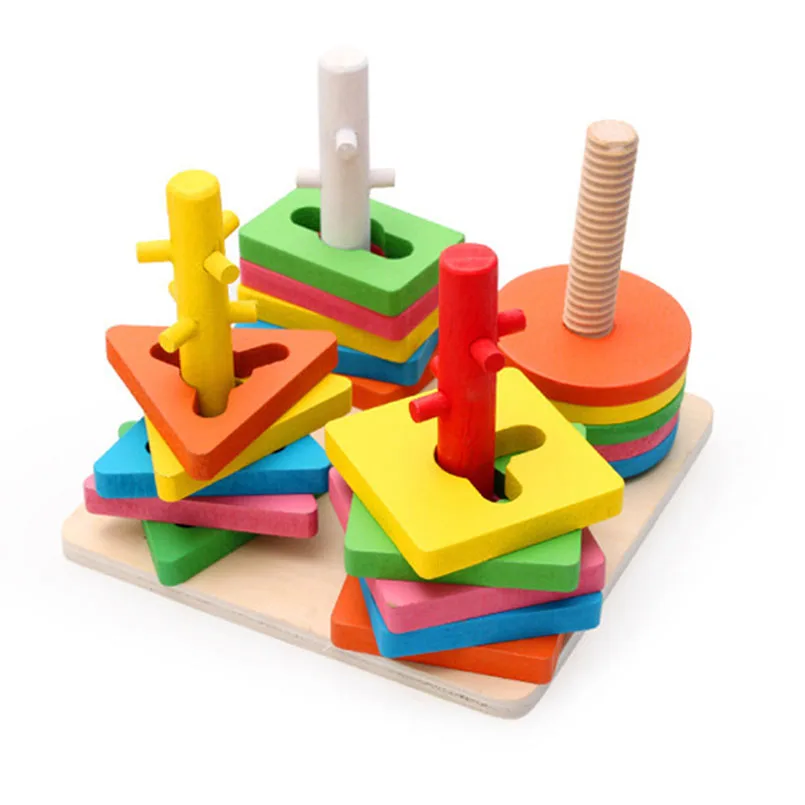 

Kids Educational Toys Wooden Block Game Toy 4 Pillar Matching Color Shape Geometric Board Blocks Kids Baby Building Blocks