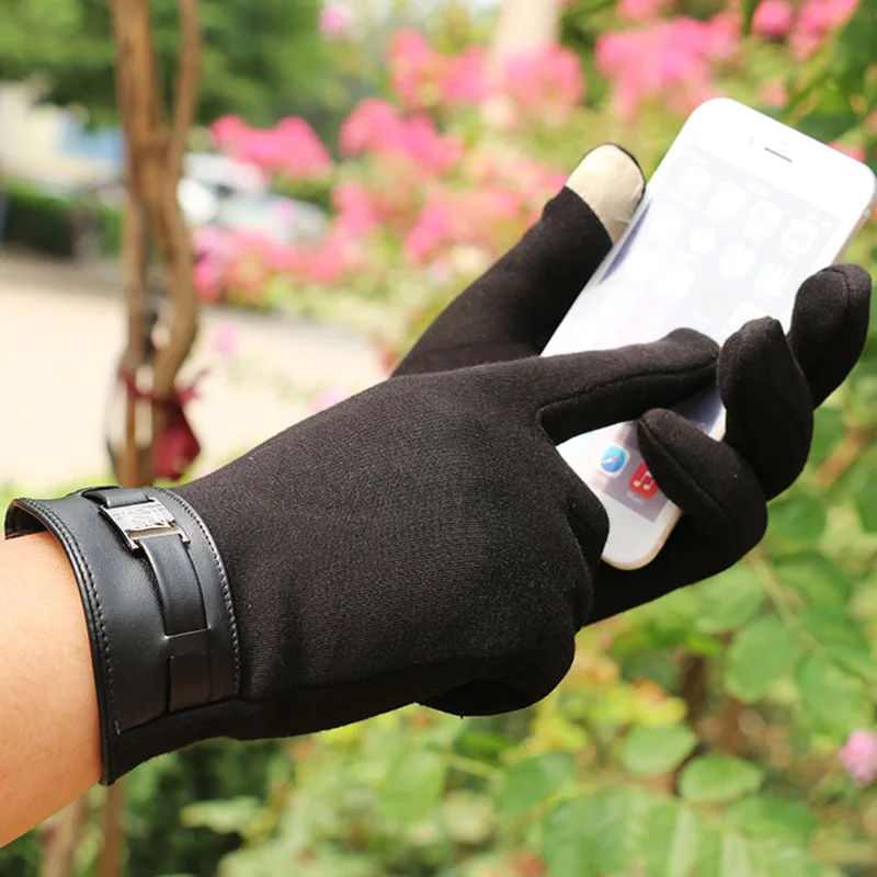 Модные мужские перчатки для вождения с сенсорным экраном зимние плюс плюшевые толстые теплые шерстяные кожаные Наручные кашемировые спортивные перчатки для велоспорта S51 - Цвет: A Black