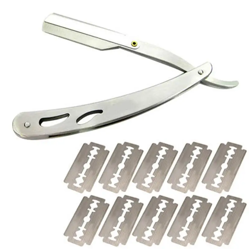 

14x2cm 1set Men Straight Barber Edge Steel Razors Folding Shaving Knife Hair Removal Tools + 10pcs Blades