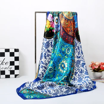 

Bandanas Scarf Headband Muslim Hijab Luxury Blue Flower Print Silk Square Scarf Women Brand Quality Imitated Silk Satin Shawl