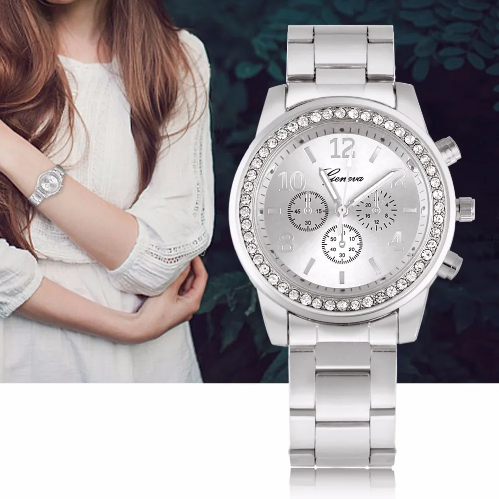 

Fashionable Alloy Case Round Rhinestone Watch Women Female Analog Electronic Rhinestone Watch Alloy Strap Wristwatch