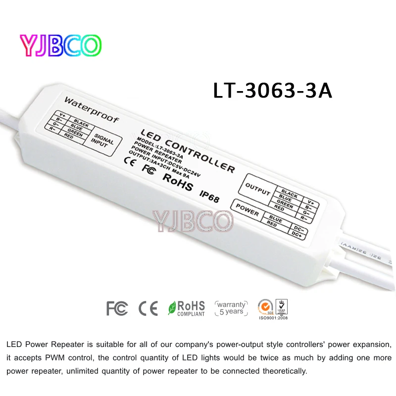 

LED CV Power Repeater (amplifier) Controller LT-3063-3A waterpoof DC5V-24V input;3A*3CH MAX 9A output for led lamps tape ribbon