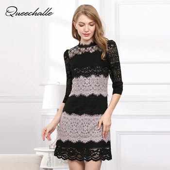

Queechalle Black Purple Stripe Elegant Lace Dress Autumn Women's Hollow Out 3/4 Sleeve Bodycon Dress Party Slim Vestidos