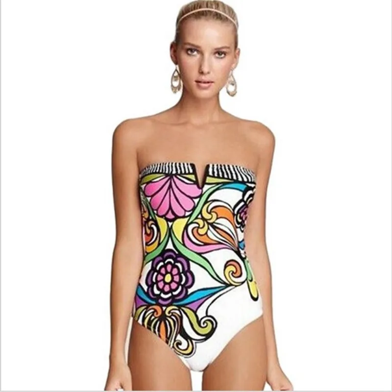 

2017 Retro One Piece Swimsuit Deep V Female Printing Halter Swimwear Sexy Bodysuit Bathing Suit Women Monokin biquini Swimsuit