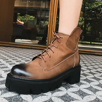 

PXELENA Vintage Shoes Punk Rock Gothic Boots Women Genuine Leather Nubuck Chunky High Heel Riding Motorcycle Boots 34-42