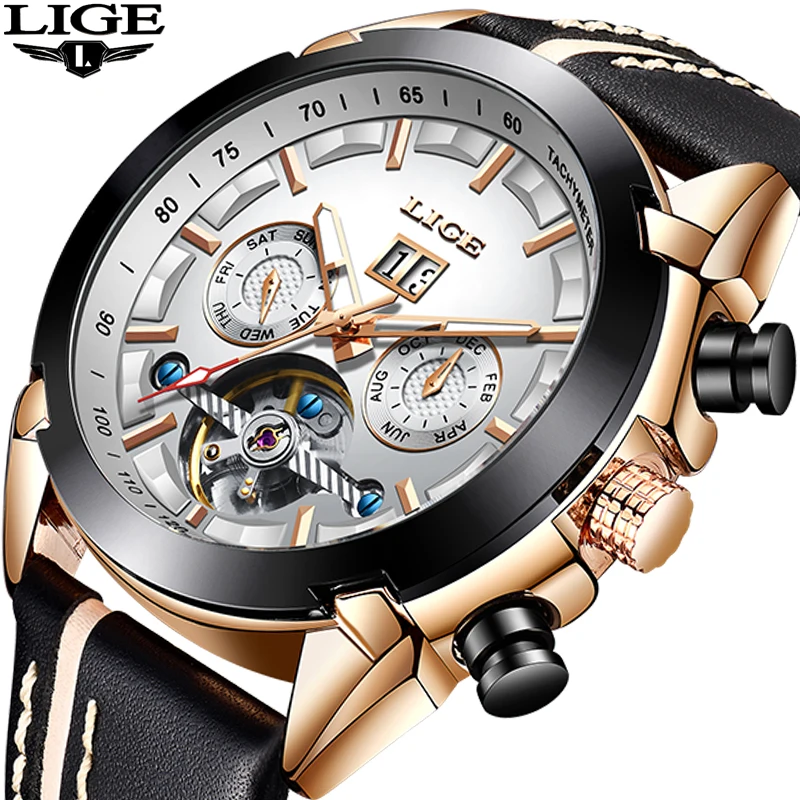 

LIGE Men Watches Top Brand Luxury Automatic Mechanical Watch Leather Waterproof Sport Watch Men Date Business Clock Reloj Hombre