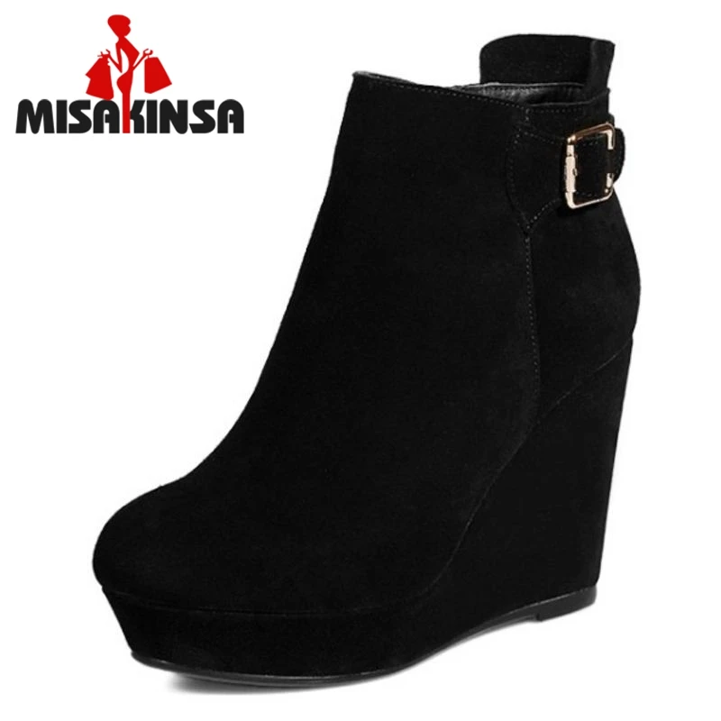 

FITWEE Ladies High Heel Boots Real Leather Platform Zipper Wedges Female Ankle Boots Women Shoes Woman Short Boots Size 34-39