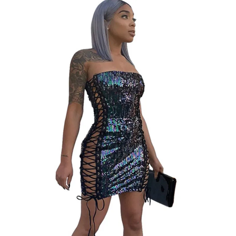 Sexy Sequin Sparkly Bandage Dress Women Sleeveless Strapless Lace Up Hollow Out Night Party Bodycon Mini Dress Clubwear Vestidos Sexy Sequin Sparkly Bandage Dress Women Sleeveless Strapless Lace Up Hollow Out Night Party Bodycon Mini Dress Clubwear Vestidos