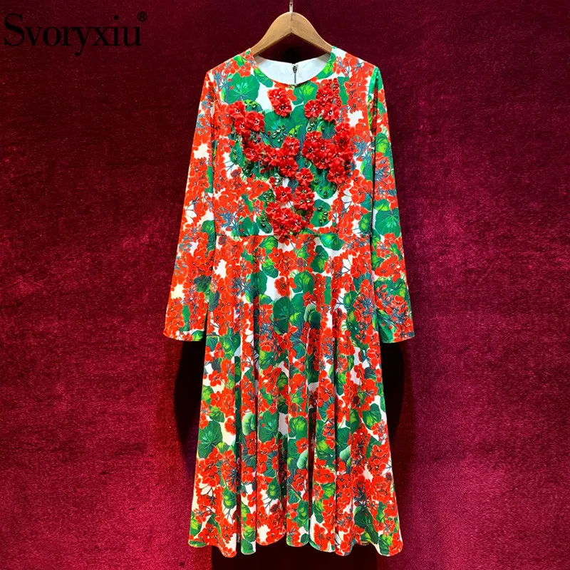 

Svoryxiu Early Autumn Runway Designer Long Sleeve Dress Women's Elegant Crystal Applique Red Flower Print Party Midi Dresses
