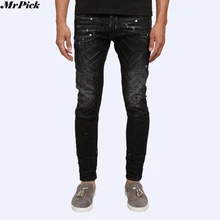 2017 New Men Shot Wash Tidy Skinny Button Fly Biker Jeans Designer Brand Destroyed Distressed Slim