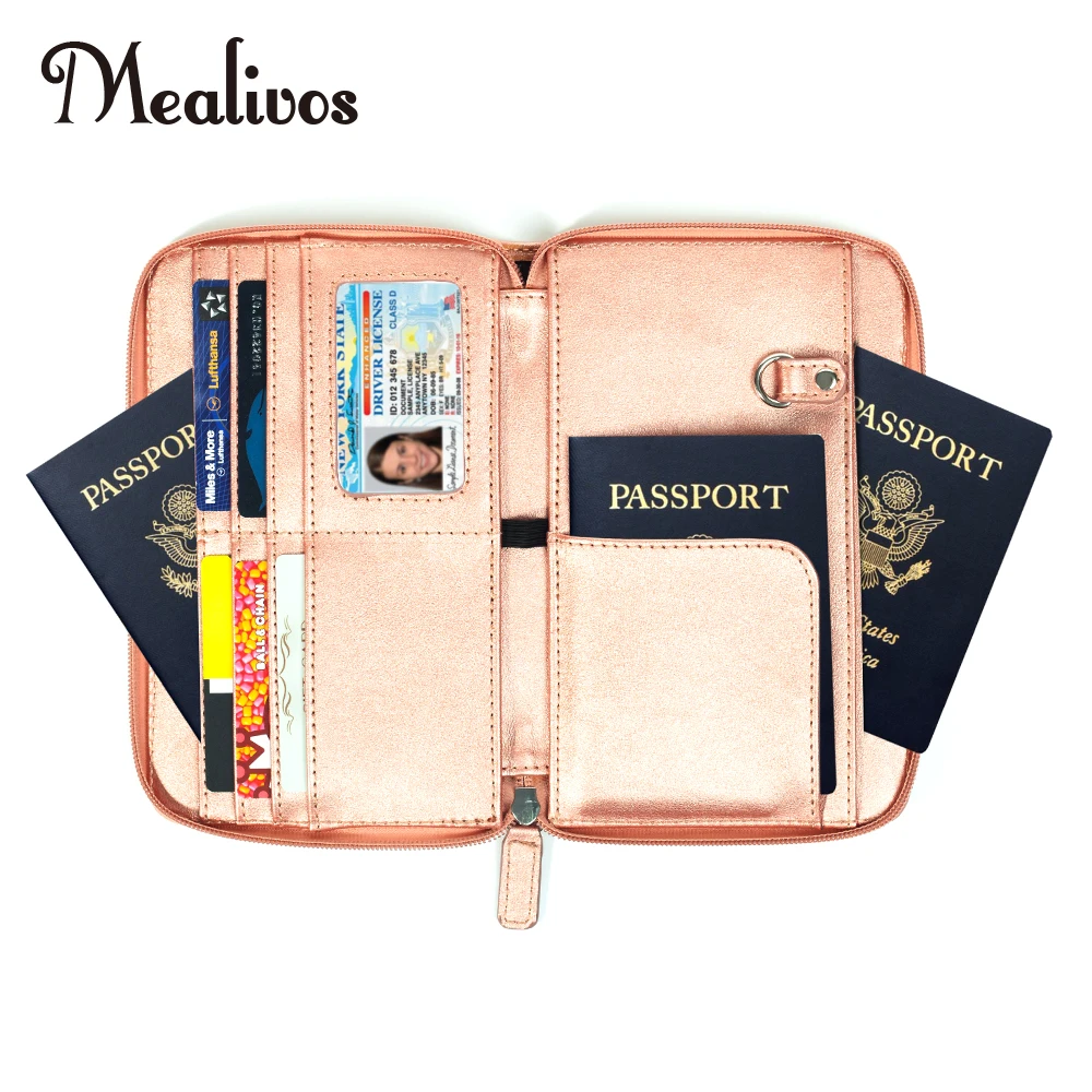Mealivos Glitter Travel Wallet & Documents Organizer Zipper Case Family Passports Holder rose gold Passport Case Casual contrast trim glitter wallet