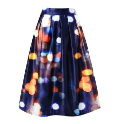 Новая мода Высокая Талия Pleat Элегантный Для женщин юбка неоновые огни узор до колена Длина трапециевидной формы Юбки для женщин