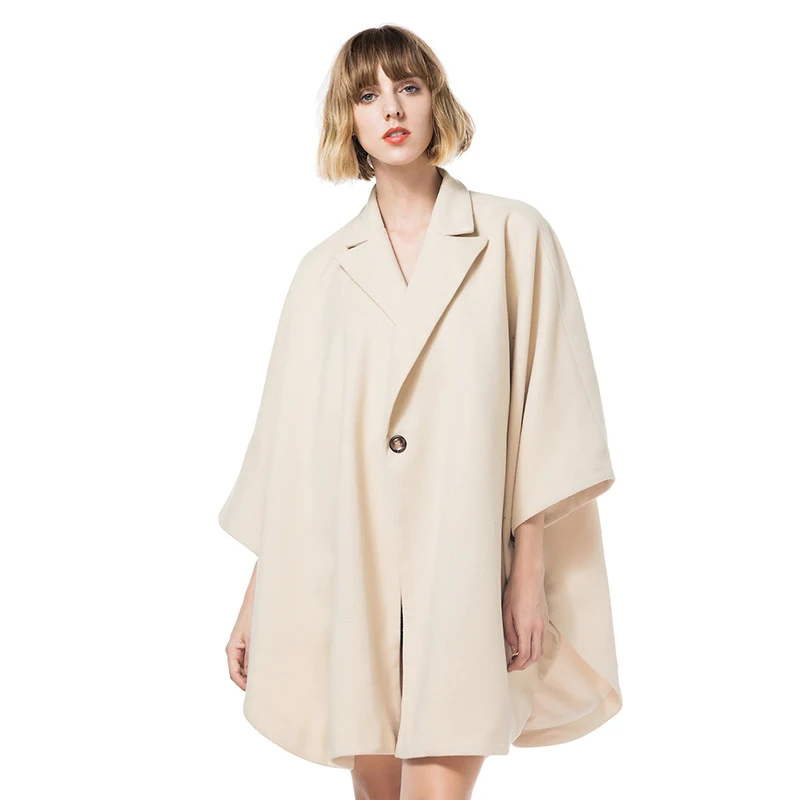 

England Style Cloak Solid Coat Outwear Turn Down Collar Single Button Flare Sleeve Loose Elegant Women Coat Female Wool Blends