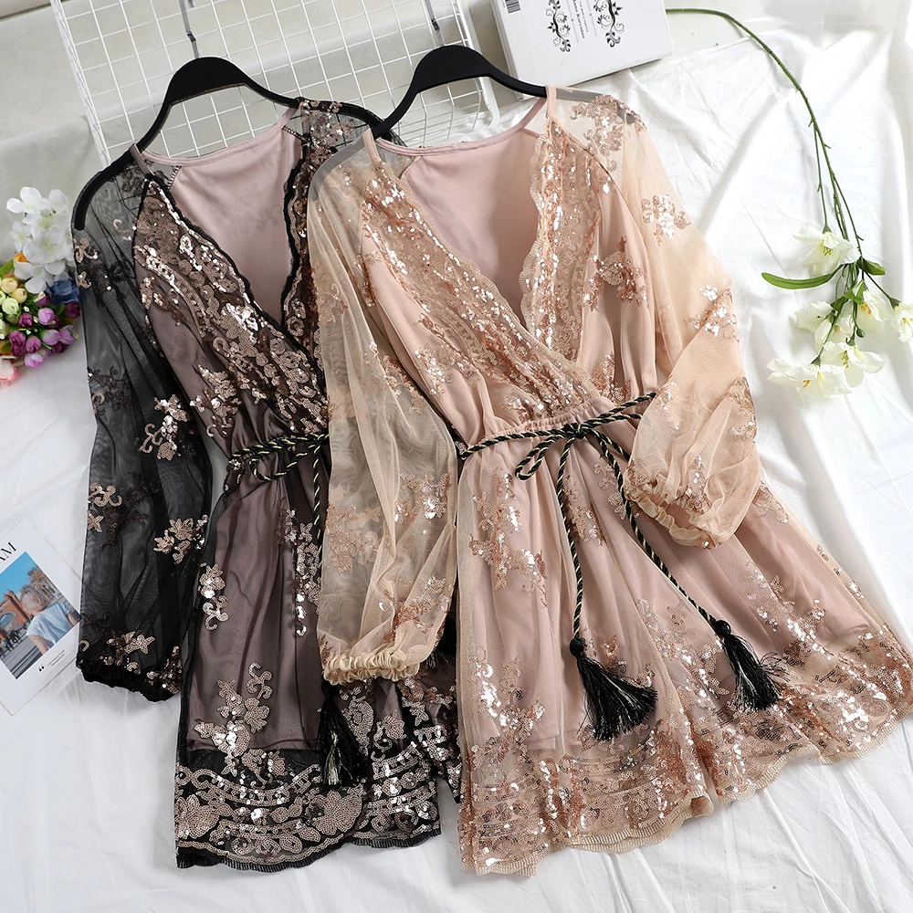 Comprar HISUMA primavera nuevas mujeres cuello en V lentejuelas manga de malla larga mono femenino cuello en v profundo cintura bling encaje malla monos mono