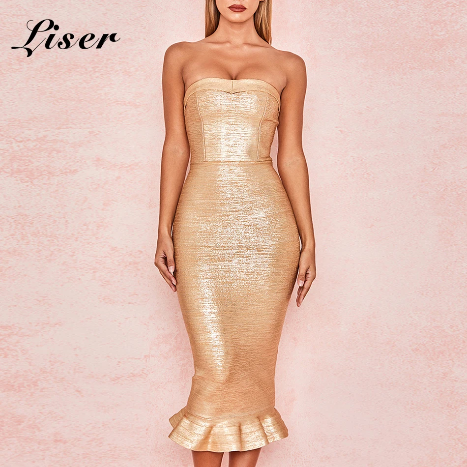 

Liser 2019 New Summer Women Dress Strapless Bronzing Bandage Dress Sexy Bodycon Chic Evening Party Gold Fishtail Dresses Vestido