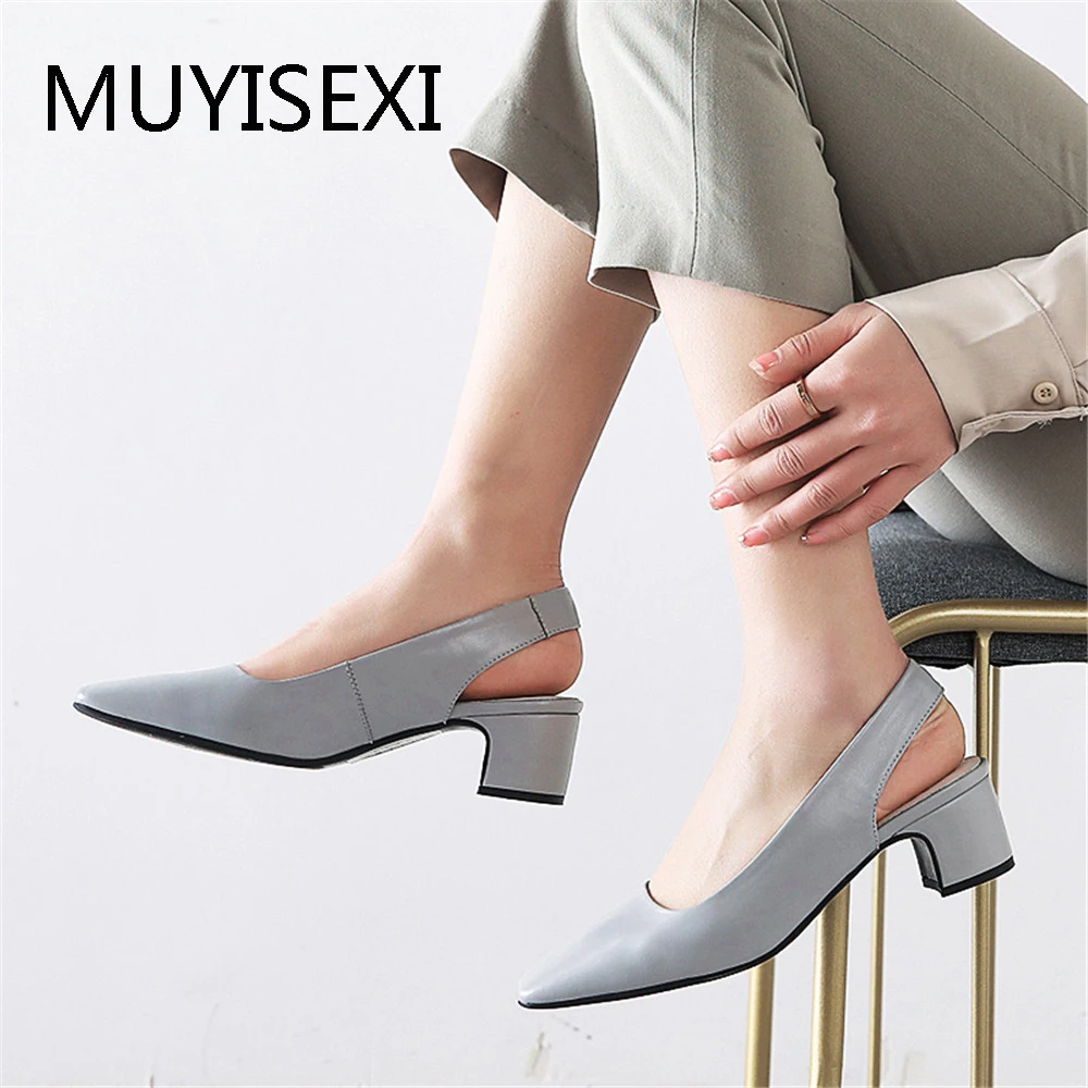 

Casual Slingbacks Full Genuine Leather 4.5 cm Square Med High Heel Women Pumps Work Office Shoes Beige Blue Black LBJ02 MUYISEXI