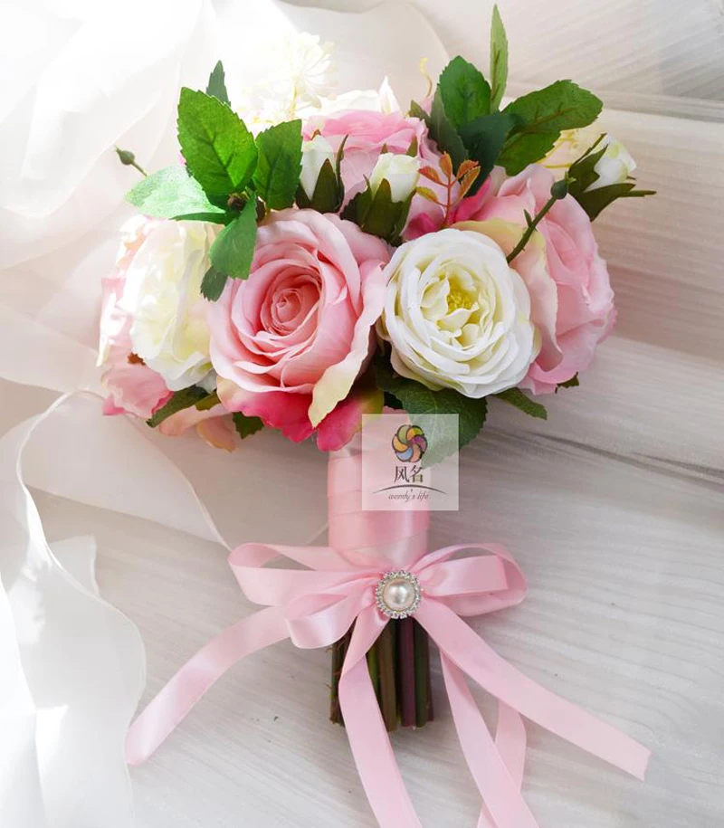 Handmade Wedding Bridal Bridesmaid Bouquet Lovely Bride Bouquets White Pink Artificial Rose Flowers Holding Flower Home