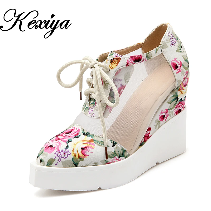 

2016 New women pumps fashion Spring/Autumn ladies shoes plus size 34-42 Pointed Toe Casual Lace-Up Wedges platform high heels