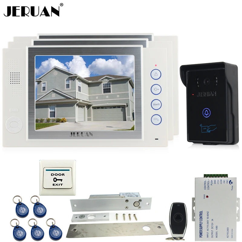 

JERUAN three desk 8`` video door phone doorbell intercom system 700TVL Camera video recording+Electric Drop Bolt lock+8GB card
