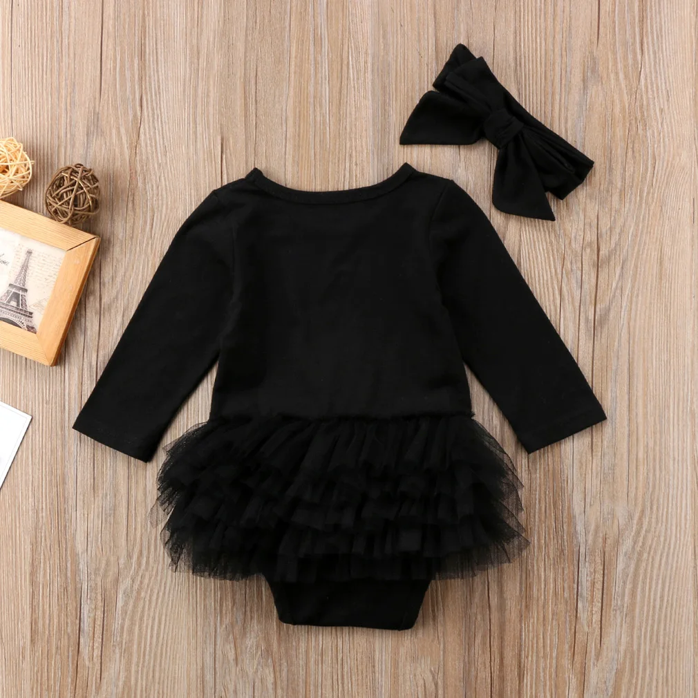 0-24 м новорожденный младенец ребенок костюм для девочки хлопок длинный рукав черный тюль платье комбинезон детская одежда наряды повязка 2 шт