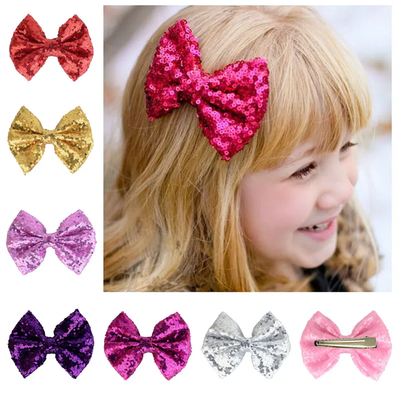 

5Pcs Baby Solid Sequins Hair Clips Hair Scrunchies Girls Grosgrain Bowknot Hair Clips Headband Barrettes Festival Accessories
