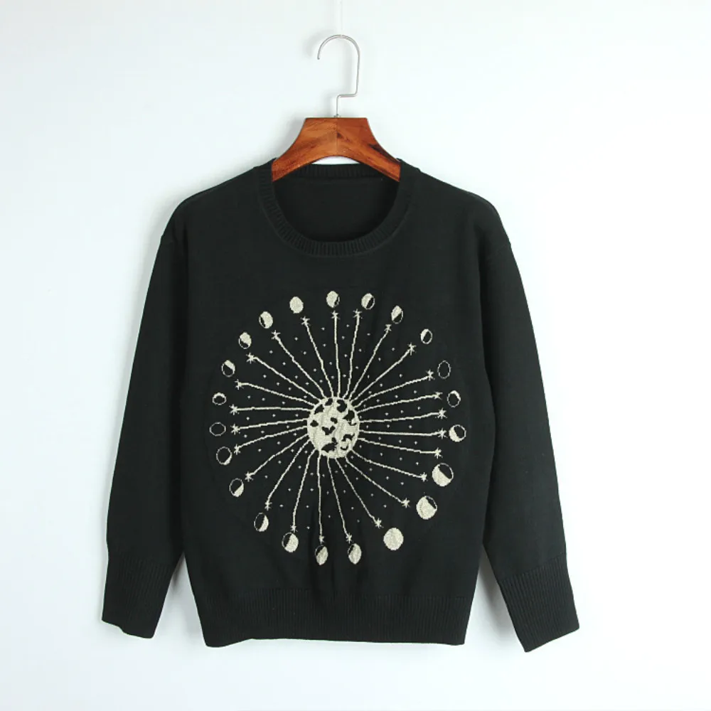 New Golden Silk Thread Cartoon Sun Sweaters Runway Women's Wool Pullover 2018 Spring Autumn 