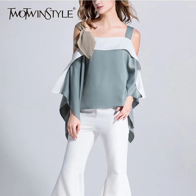 TWOTWINSTYLE hombro camisas de las mujeres suelto Patchwork de encaje sin mangas de gran tamaño Tops Ropa de Mujer Verano 2018 nuevo