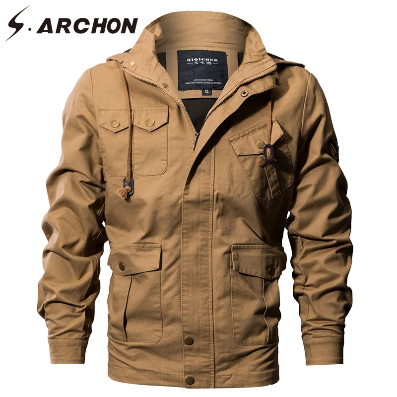 S.ARCHON US Air Force Tactical Hooded Pilot Jackets Men Winter Warm