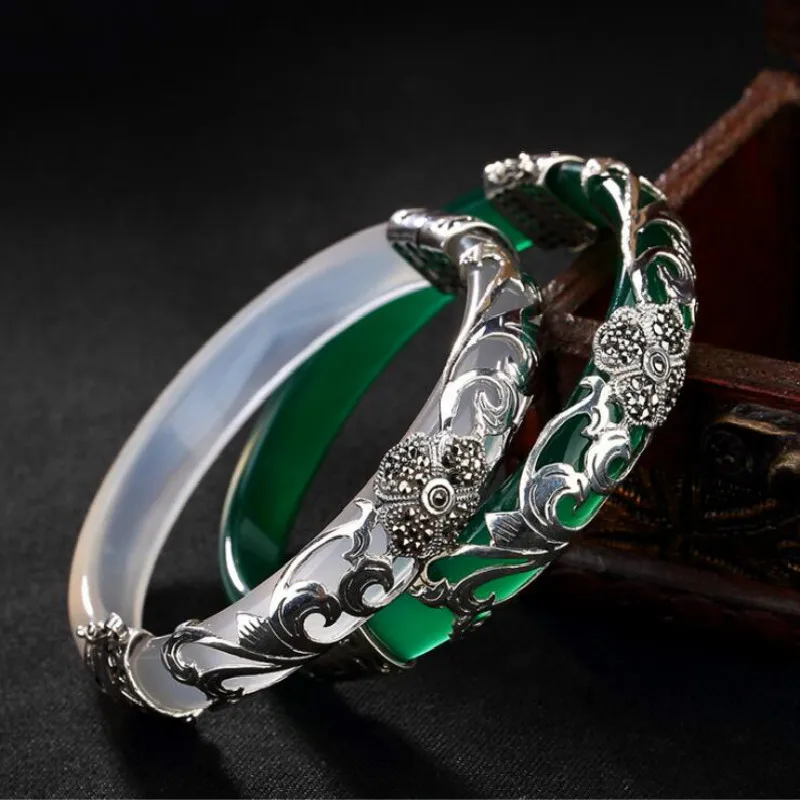 

Pure 925 Silver Bangle Green White Opal Marcasite 100% S925 Sterling Silver Diameter 5.9cm Bangles for Women Jewelry