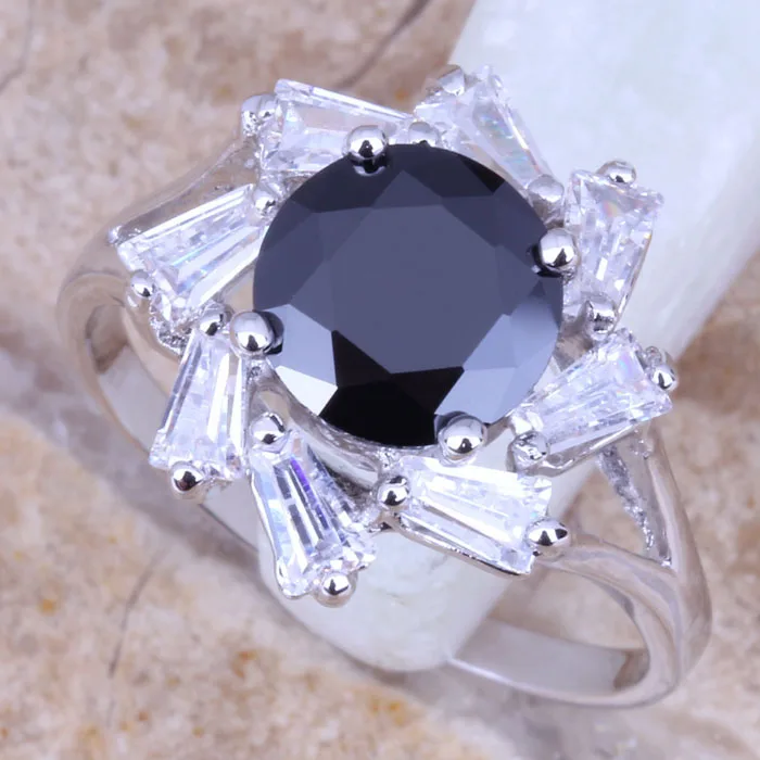 Shiny Black Cubic Zirconia White Cz Silver Plated Women's Ring Size 6