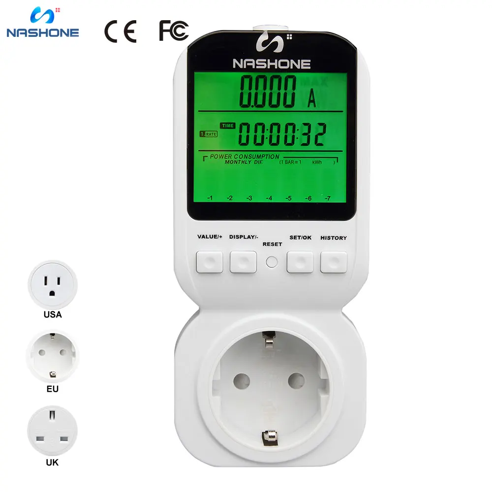 

Nashone Home Energy Meter AC 220V LCD Micro Power Meter Socket /Power recorder Watt Monitor Electricity Monitor EU/US/UK Plug