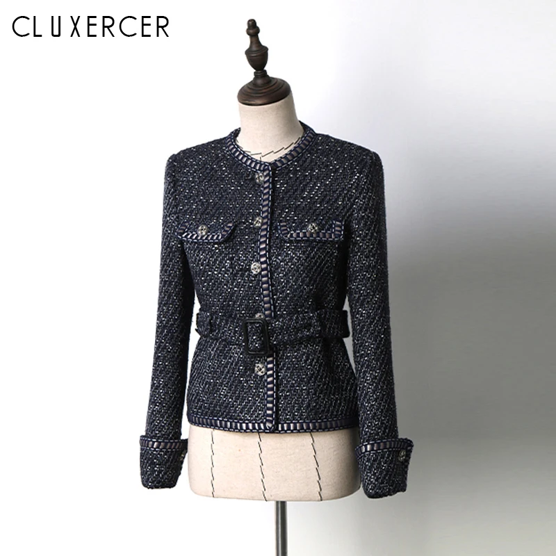 Women Vintage Navy Blue Tweed Blazer 2018 New Fall Long
