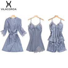 Новинка, 4 предмета/комплект, женский летний халат и платье, комплекты, кружевная атласная ночная рубашка с v-образным вырезом, халат, сексуальная женская ночная рубашка