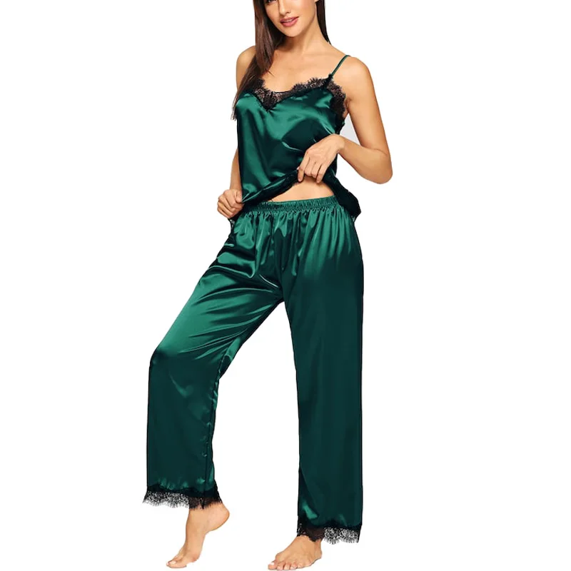 Beste Satijnen Pyjama Voor Vrouwen Lace Top Met Lange Broek Winter Nachtkleding Zijde Pijama Comfortabele Thuis Kleren